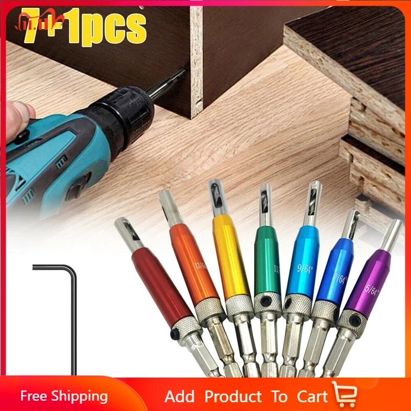 7+1Pcs HSS Door Self-centering Hinge Drill Bit Set Hinge Tapper Core Screw Hole Puncher Woodworking Tools with Wrench