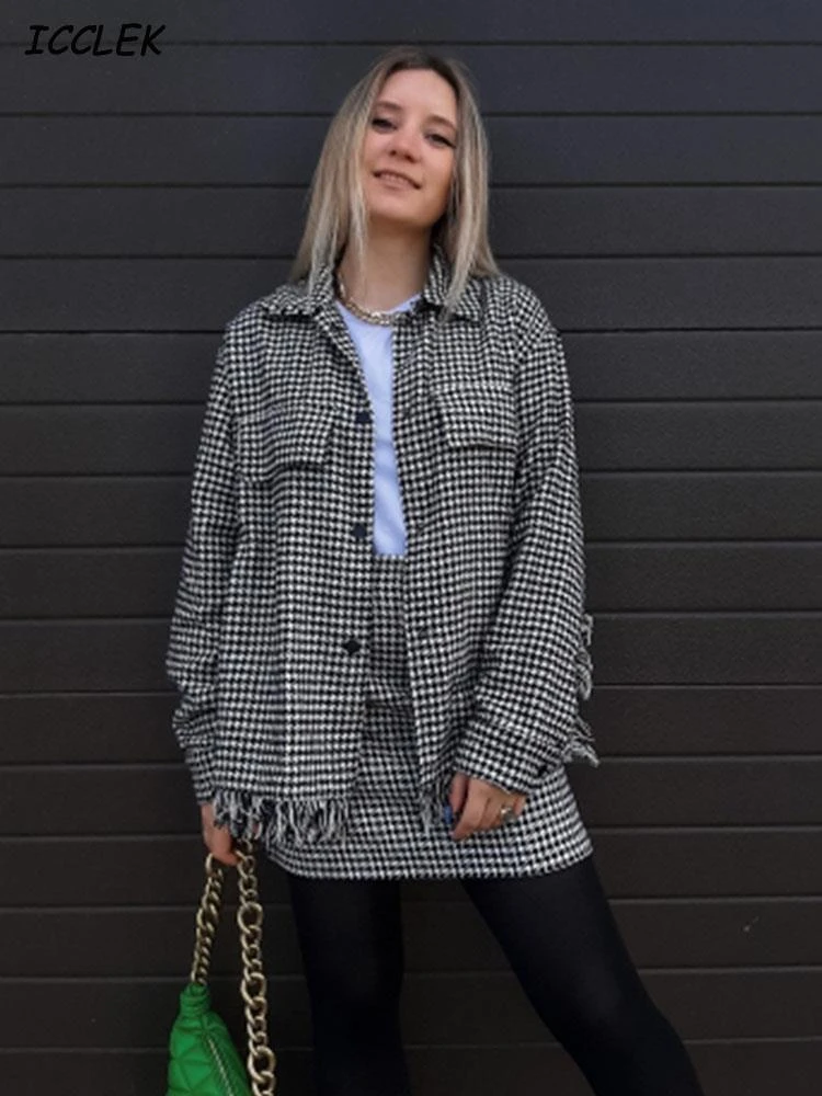 Za Women Shirts Oversize Houndstooth Jacket coats With Pocket Female Vintage Plaid Jacket Spring Tassel Coat TRF Mujer 2021 New