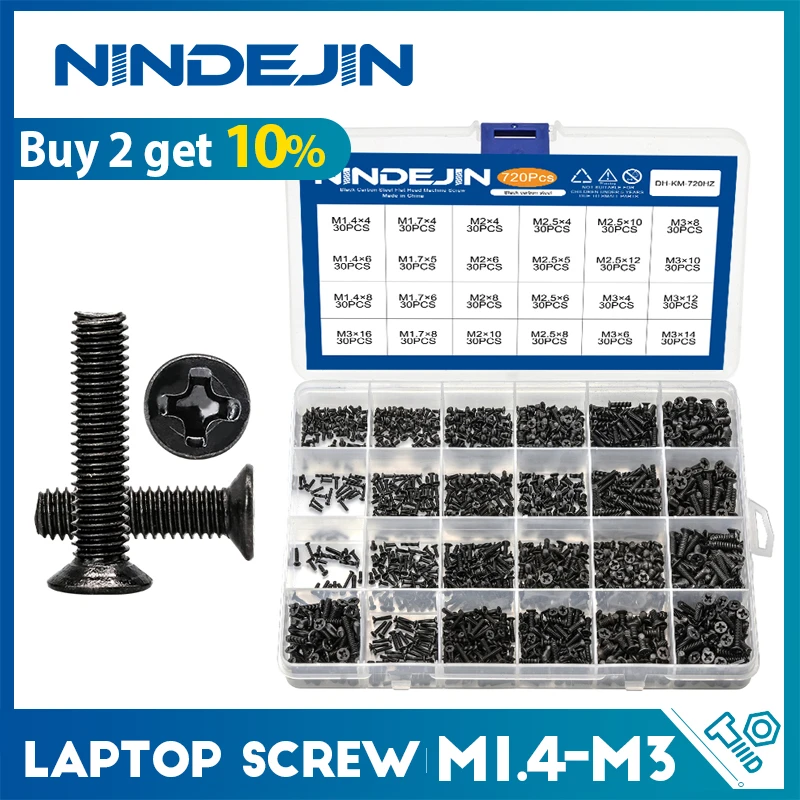 720pcs countersunk flat head phillips small mini screw set m1.4 m1.7 m2 m2.5 m3 carbon steel computer notebook laptop screws kit