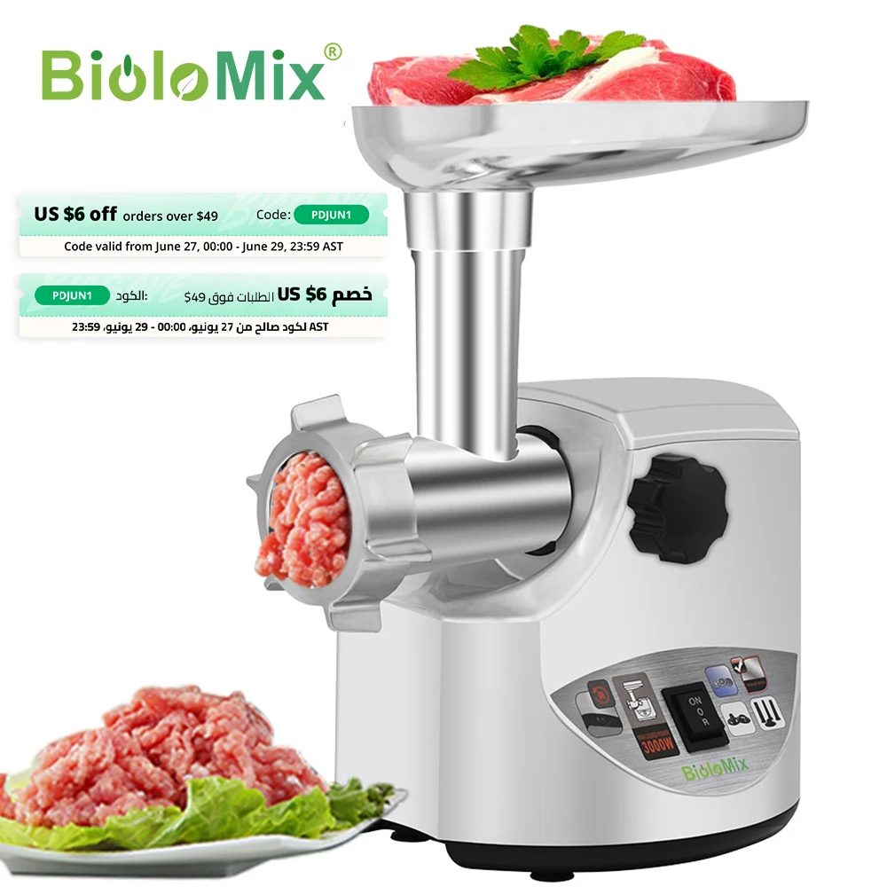 BioloMix Heavy Duty 3000W Max Powerful Electric Meat Grinder Home Sausage Stuffer Meat Mincer Food Processor