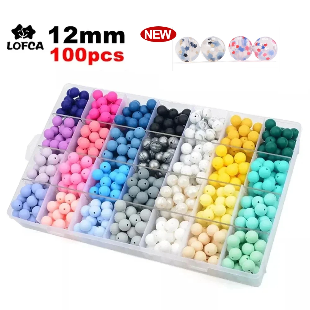 LOFCA 12mm 100pcs Silicone Beads Round Teether Baby Nursing Necklace Pacifier Clip Oral Care BPA Free Food Grade Colorful
