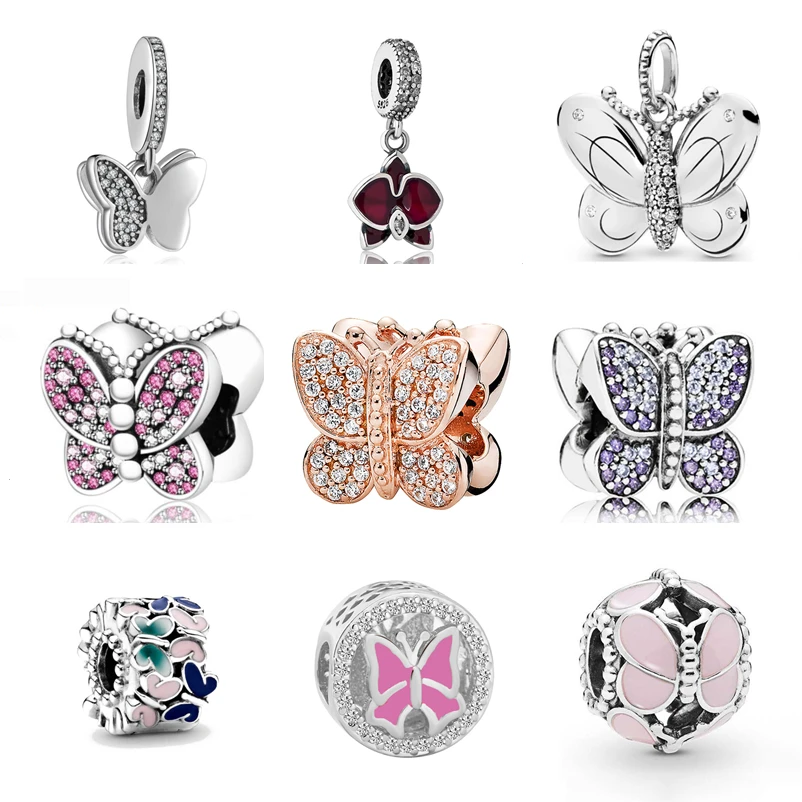 Neastamor Sparkling Butterflies Charms Beads Fit Original Pandora Bracelet 925 Sterling Silver DIY Jewelry For Women Gift Making