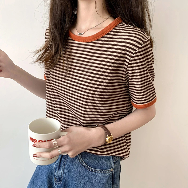 Vintage Japan Plus Size O Neck Short Sleeve Contrast Striped Tshirts Women Summer Bottom Tops Clothing Fashion Wild Tees Cotton