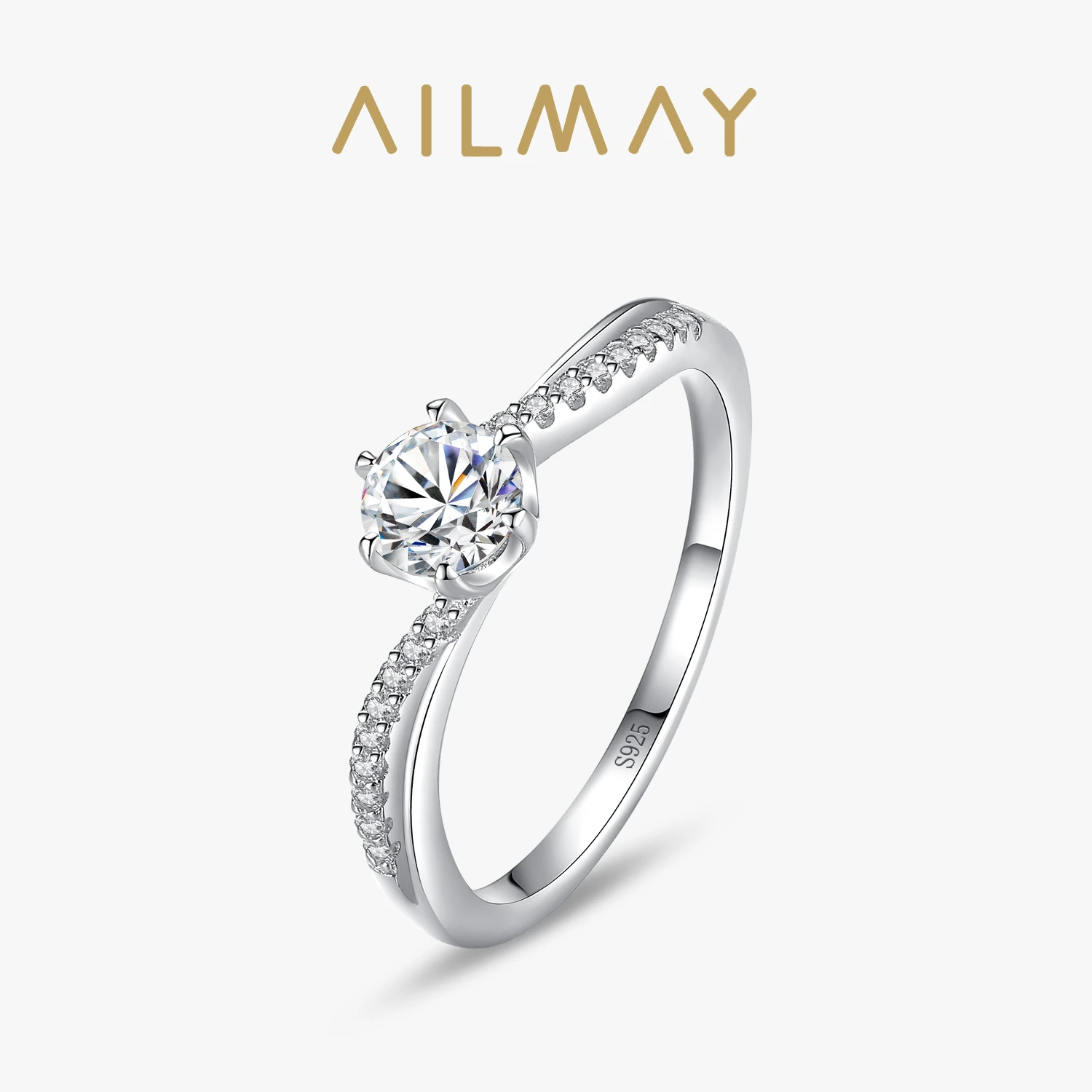 Ailmay Dazzling Sparkling Engagement Finger Rings Authentic 925 Sterling Silver Clear Zircon Rings Fine Female Fashion Jewelry