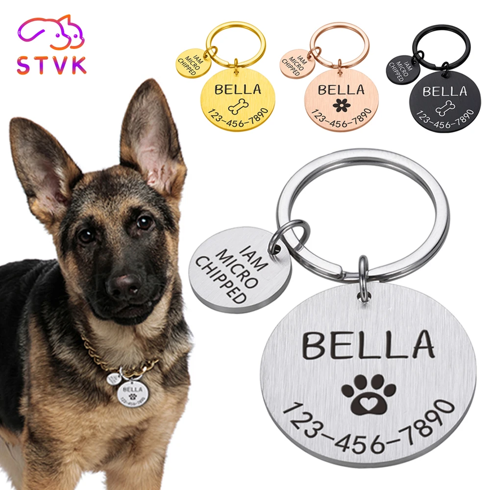 Engraved Dog Pet ID Tag Personalized Name Phone Bone Flower Pet ID Name for Cat Puppy Dog Tag Pendant Keyring Pet Accessories