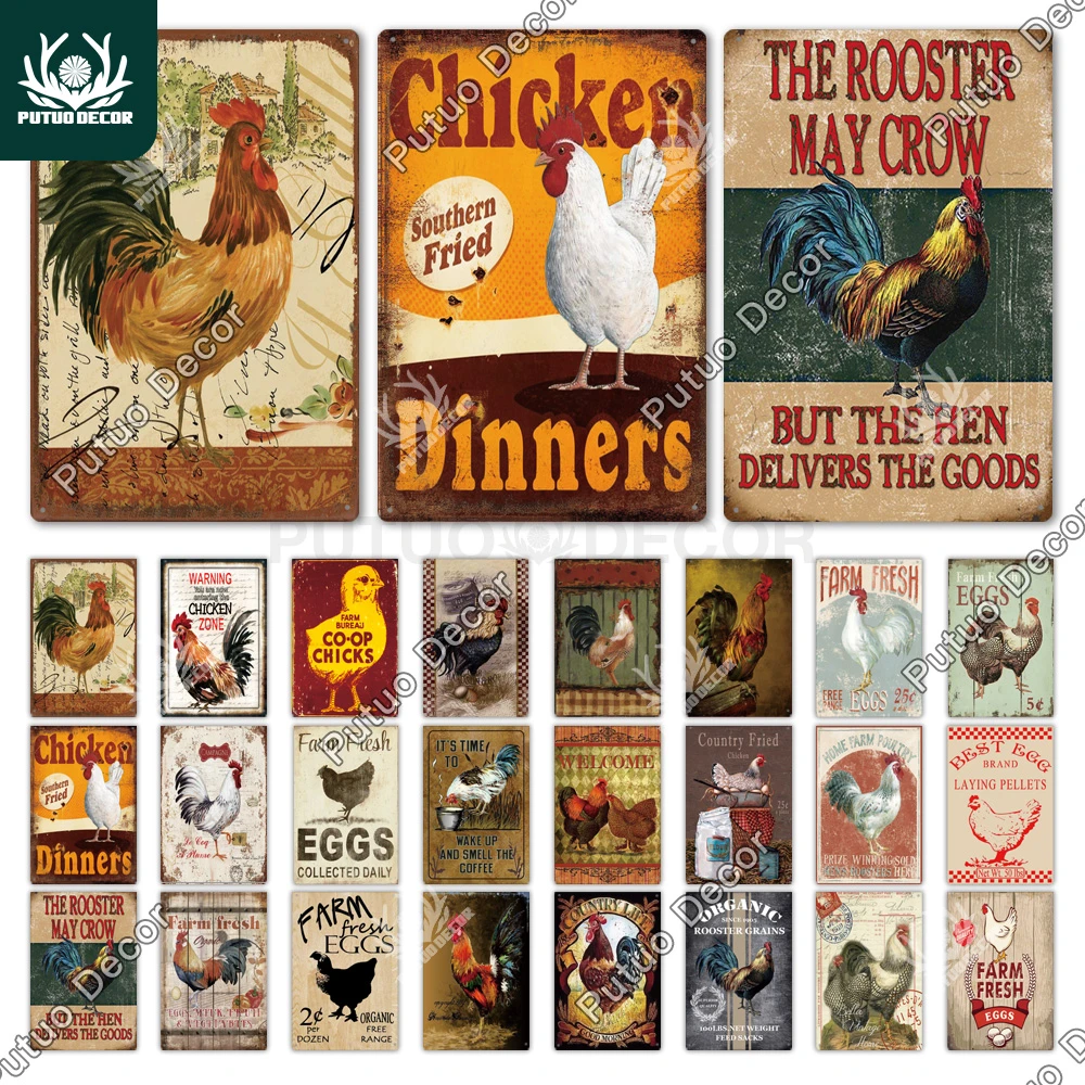 Chicken Tin Sign Vintage Metal Sign Plaque Metal Vintage Farmhouse Wall Decor Rooster Retro Metal Signs(20x30cm)