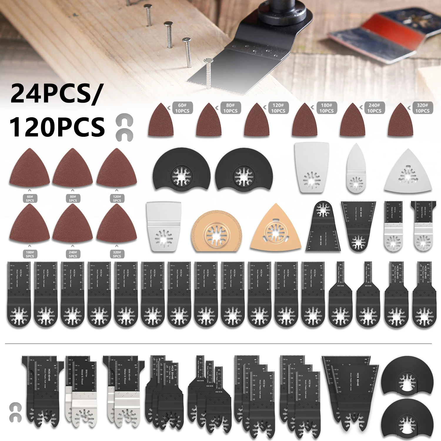 120/24 Pcs Oscillating Saw Blades Quick Release Saw Kit For Power Tools As Fein Multimaster,Dremel,Ryobi, Hitachi, Black&Decker