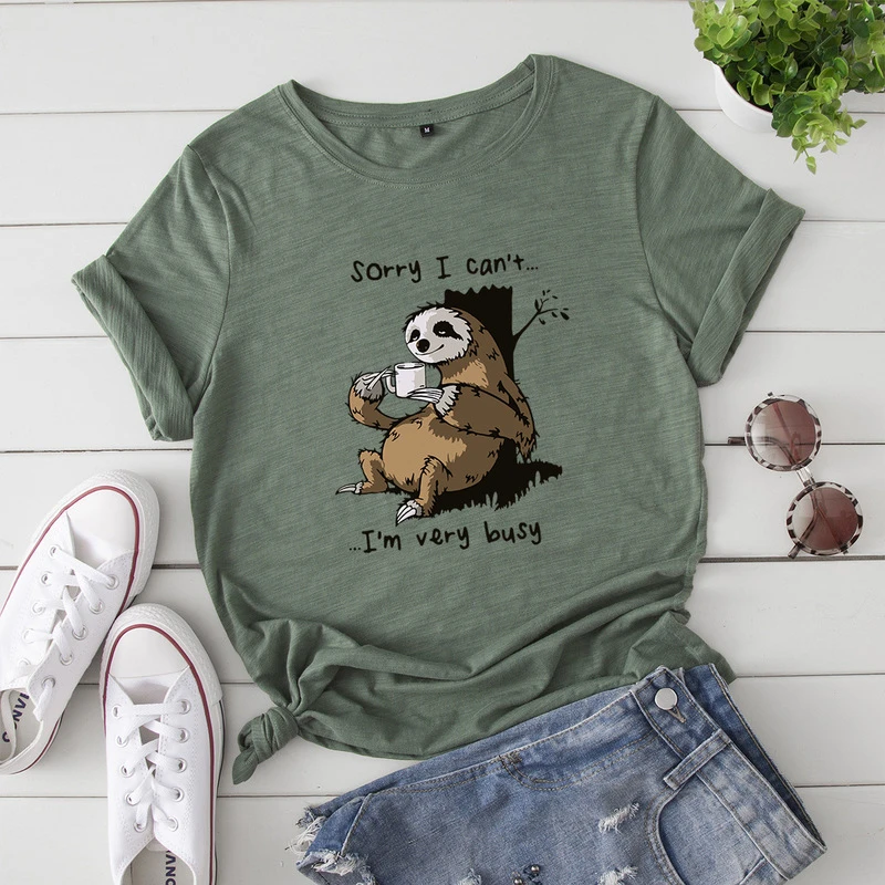 JCGO Women T-shirt Summer Short Sleeve Cotton Plus Size S-5XL Cute Lazy Sloth Print Funny Casual O Neck Female Tshirt Tees Tops
