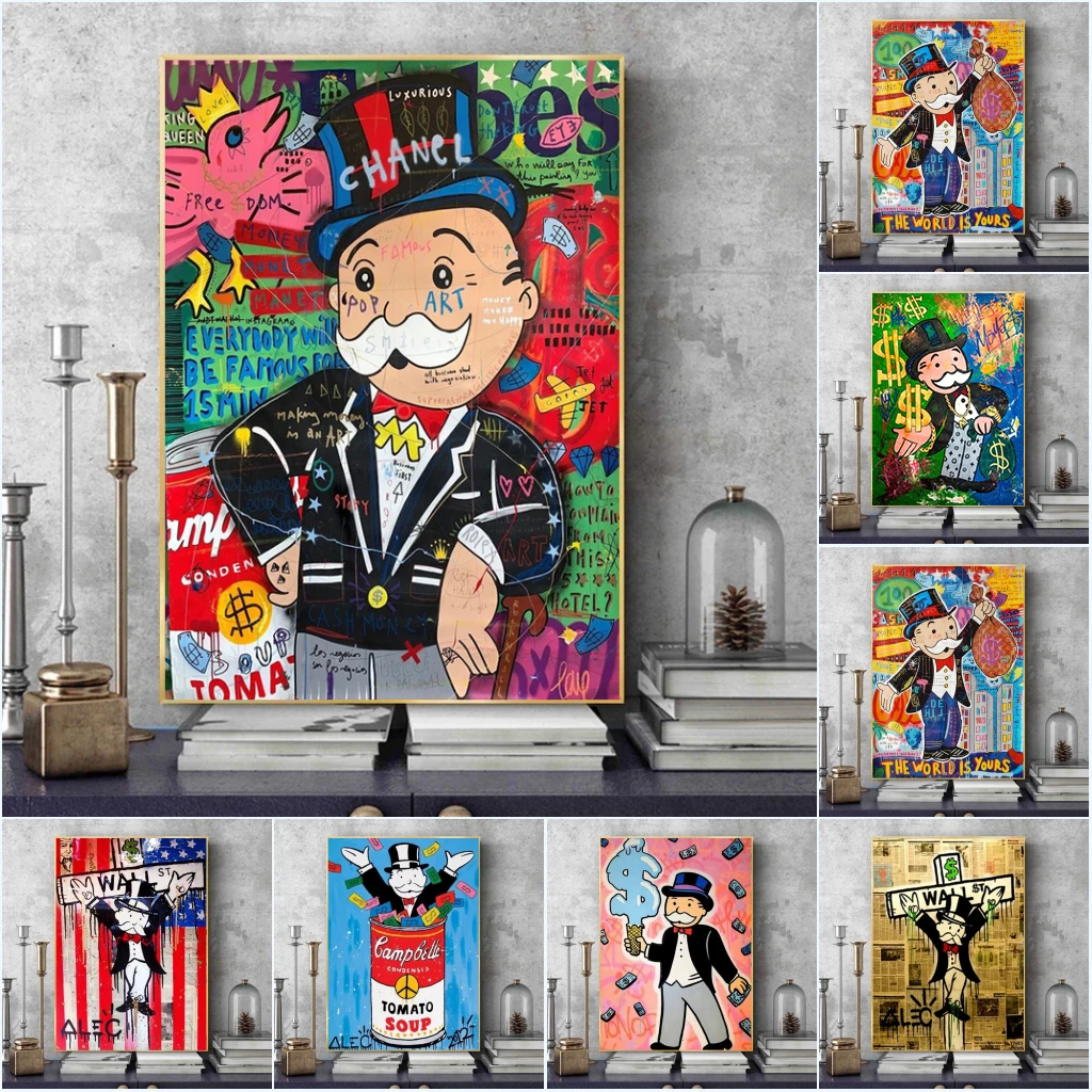 Graffiti Poster Artwork Monopoly Canvas Posters and Prints Rich Man Street Wall Art Painting Pictures for Modern Living Room