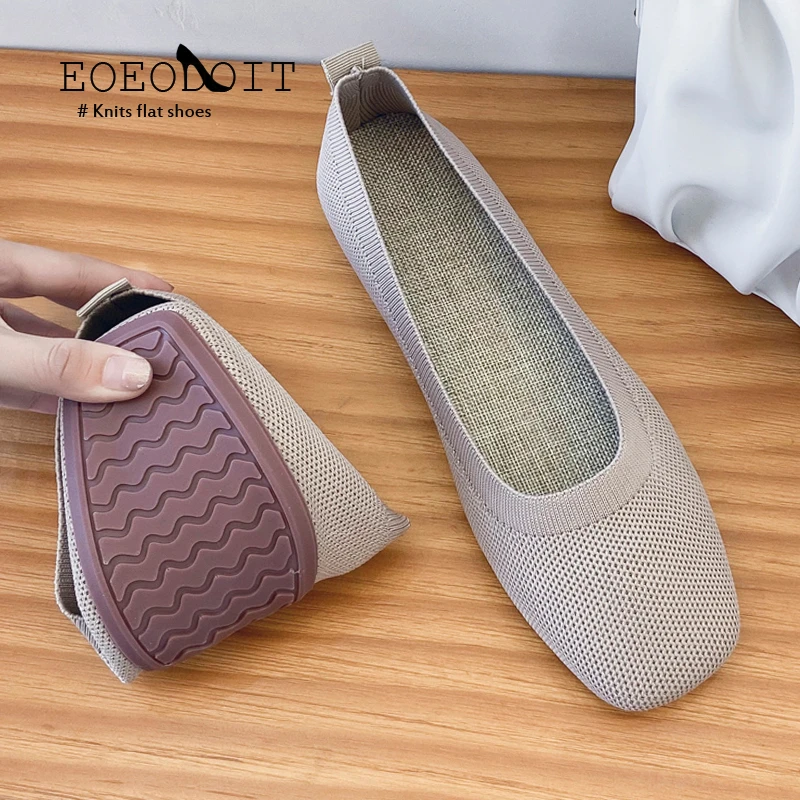 EOEODOIT Stretch Knitted Shoes Spring Autumn Women Flat Heel Anti Skid Ballet Flats Slip On Breathable Loafer For Female