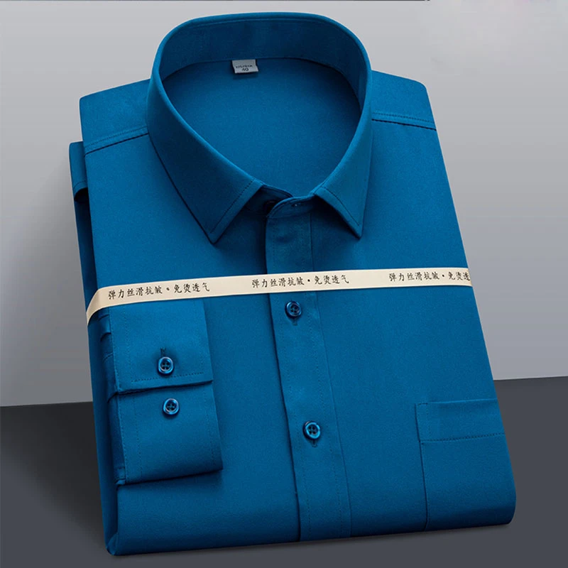 New Fashion Stretch Men Dress Shirts Long Sleeve Solid Social Business Work Stripe Non-iron Soft Plain Smart Casual Shirt
