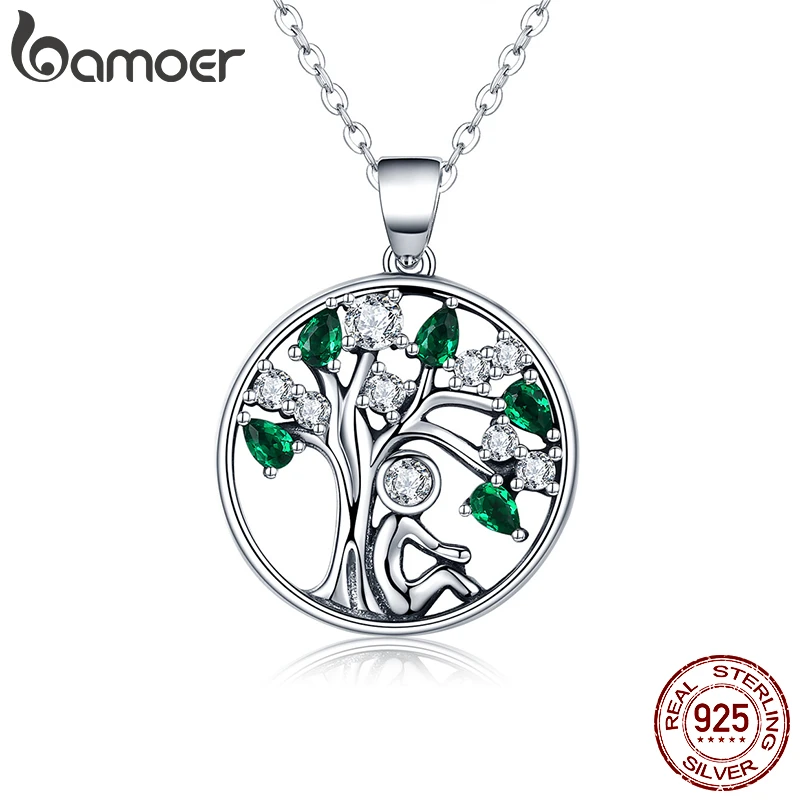 BAMOER Popular 925 Sterling Silver Rely Tree of Life Pendant Necklaces Clear Green CZ Women Fashion Jewelry Brincos Gift SCN094