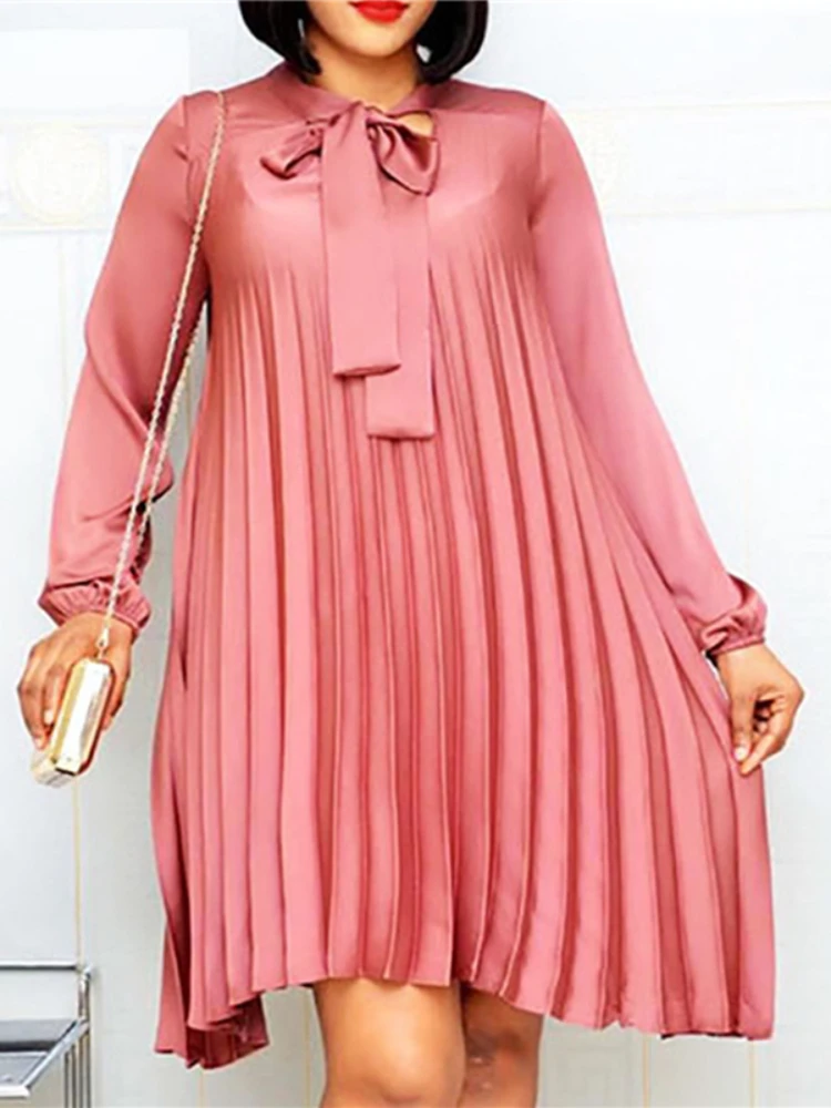 Big Size Pleated Dresses with Bowtie Long Lantern Sleeves Knee Length Women Fashion Summer Autumn Female African Vestidos New