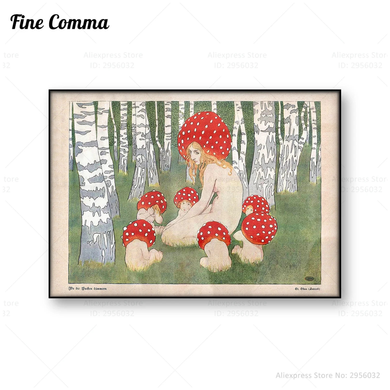 Mother Mushroom with her children Vintage art print Poster Mushroom wall art Woodland decor Antique forest Canvas Print Painting