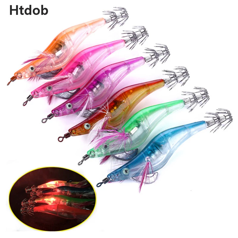 Htdob 6Pcs LED Electronic Luminous Shrimp Squid 10.5cm 12g Night Fishing Squid Jigs Lure Bass Bait Fish Tackle wobbler