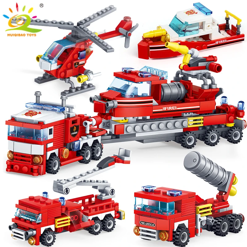 HUIQIBAO 348pcs Fire Fighting 4in1 Trucks Car Helicopter Boat Building Blocks City Firefighter Figures Man Bricks Children Toys