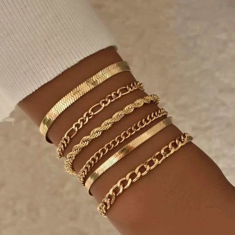 2021 Geometric Boho Gold Multi-style Punk Snake Chain Rope Chain Combination Bracelet Summer Multilevel Beach Handmade Jewelry