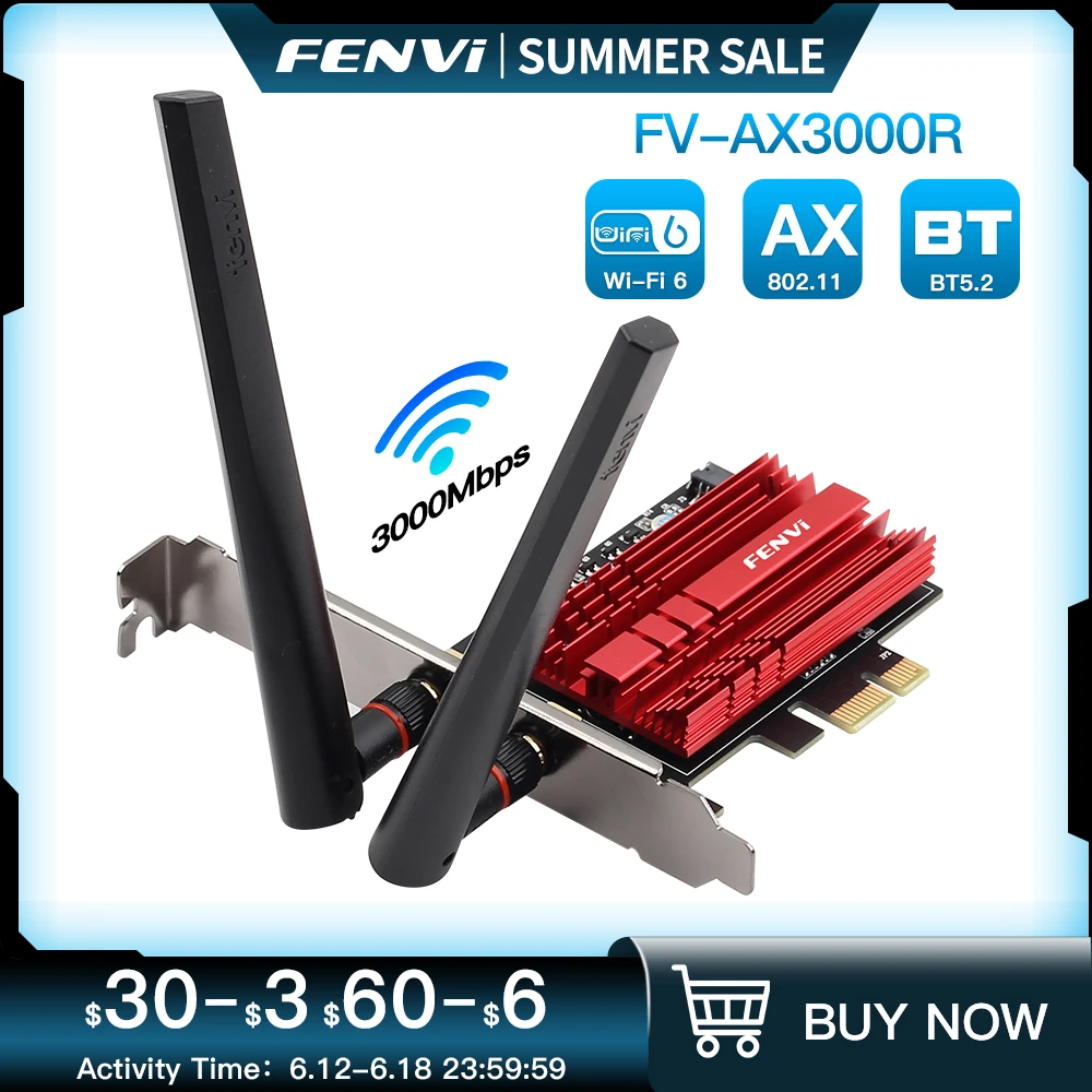 Fenvi 3000Mbps WiFi 6 PCI-E Bluetooth 5.1Dual Band Gaming Wireless PCIe Card RGB Adapter 2.4G/5G 802.11AX WI-Fi Intel AX200 Wlan