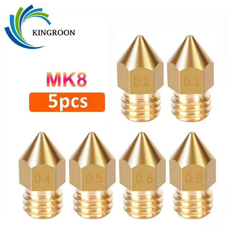 5pcs MK8 Nozzle Copper 0.2mm 0.4mm 0.5mm 0.6mm 0.8mm 1.0mm 3D Printer Part Extruder M6 Thread Brass Nozzle 1.75mm 3mm Filament