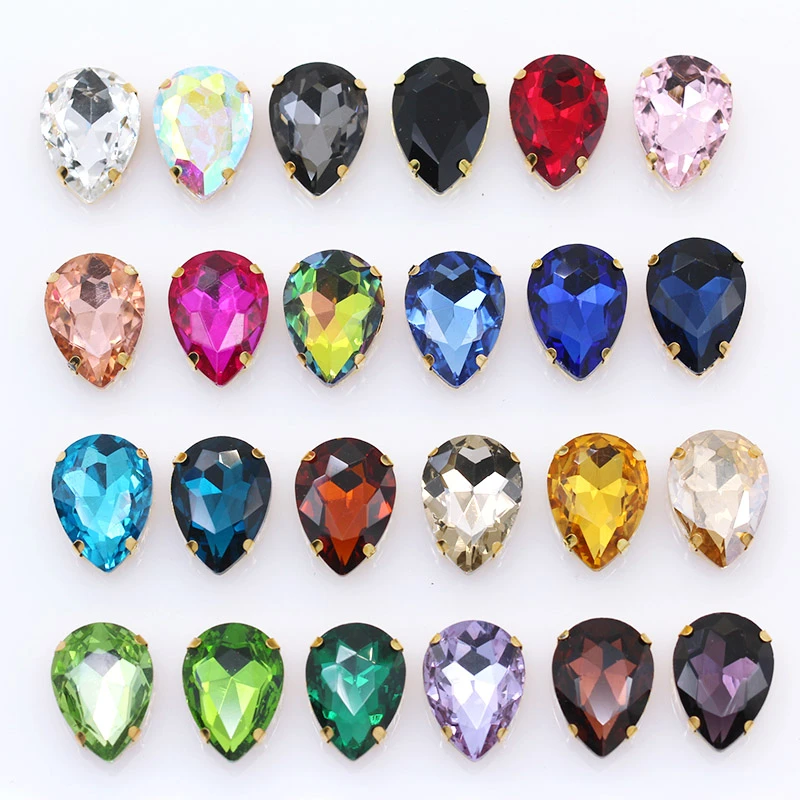 All-size Teardrop 24-Colors crystal glass sewing stone sew on rhinestone jewels 4-Hole beads Gold base button for clothes craft