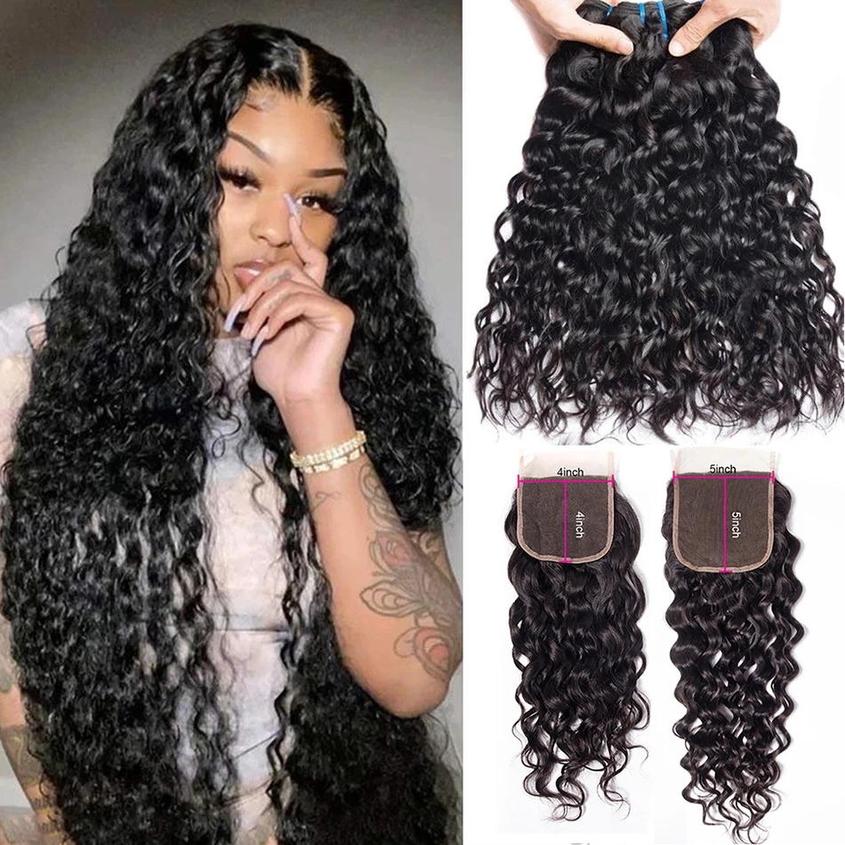 Water Wave Bundles with Closure Maxine Wet and Wavy Curly Human Hair Bundles with Closure 30 Inch 3 4  Bundles with Closure