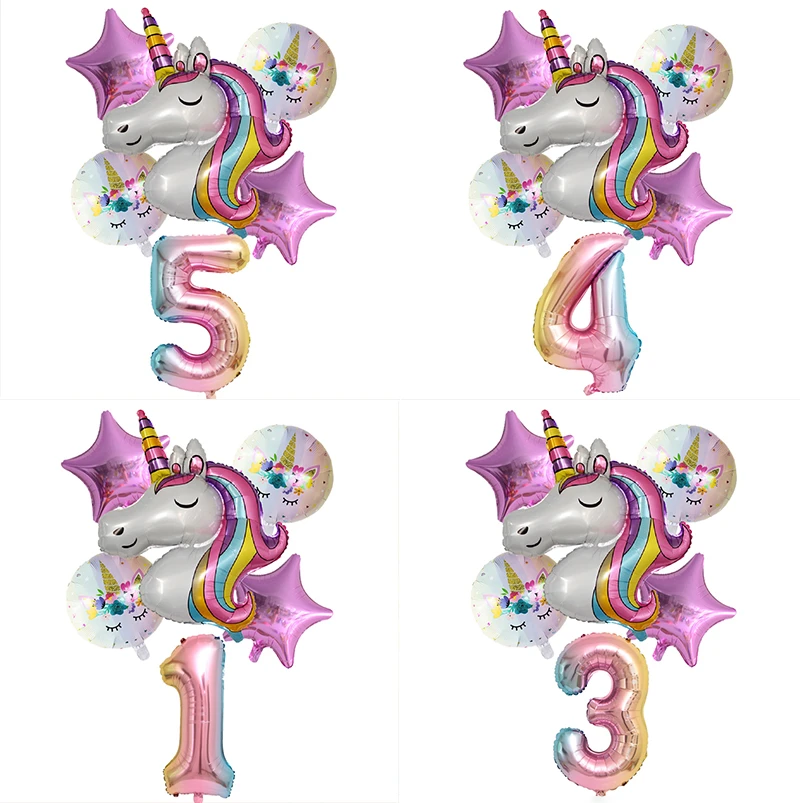 6pcs/lot Rainbow Unicorn Balloon Ball Globos Number Birthday Party Decorations Kids Unicorn Party Wedding Balloons