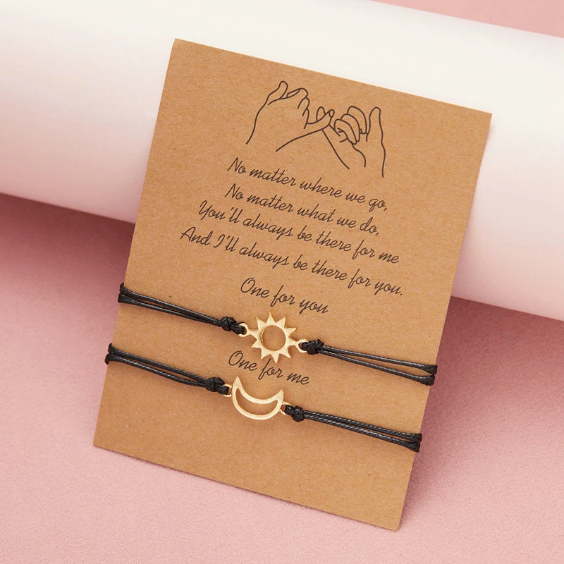 2 PCS/Set Couple Bracelet For Women Lover Sun Moon Star Heart Lock Key Handmade Braided Black Rope Charm Friendship Jewelry Gift