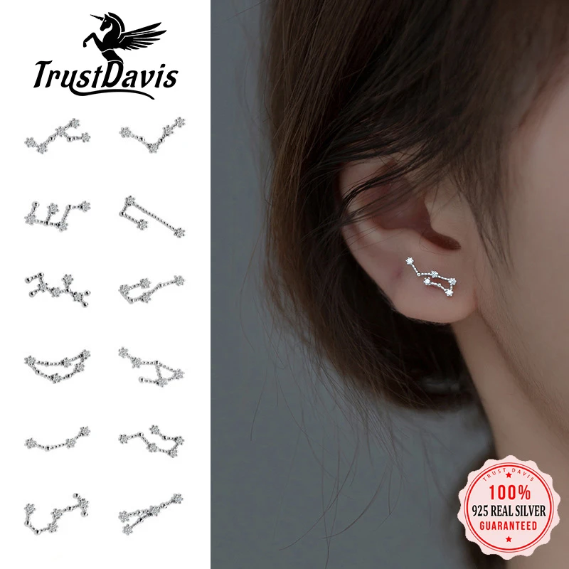 Trustdavis 100% 925 Solid Real Sterling Silver Jewelry 12 Constellation Stud Earrings Birthday Gift For Women Girls DA330