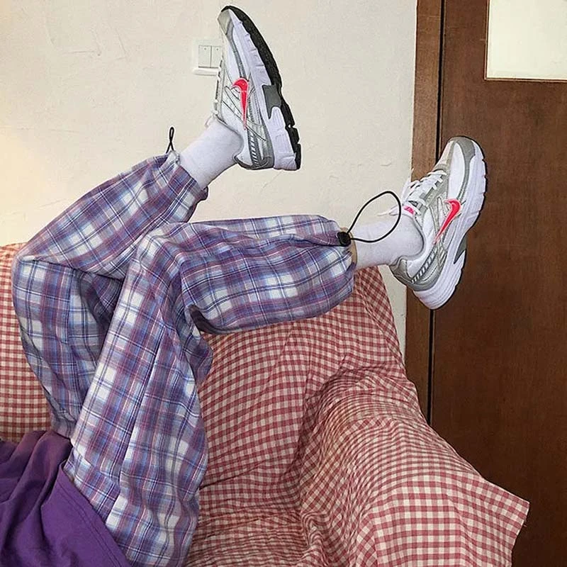 Jogger Pants Women Fashion purple Plaid Loose High Waist Female Trousers Track hip hop Harem pants Pockets Summer Streetwear