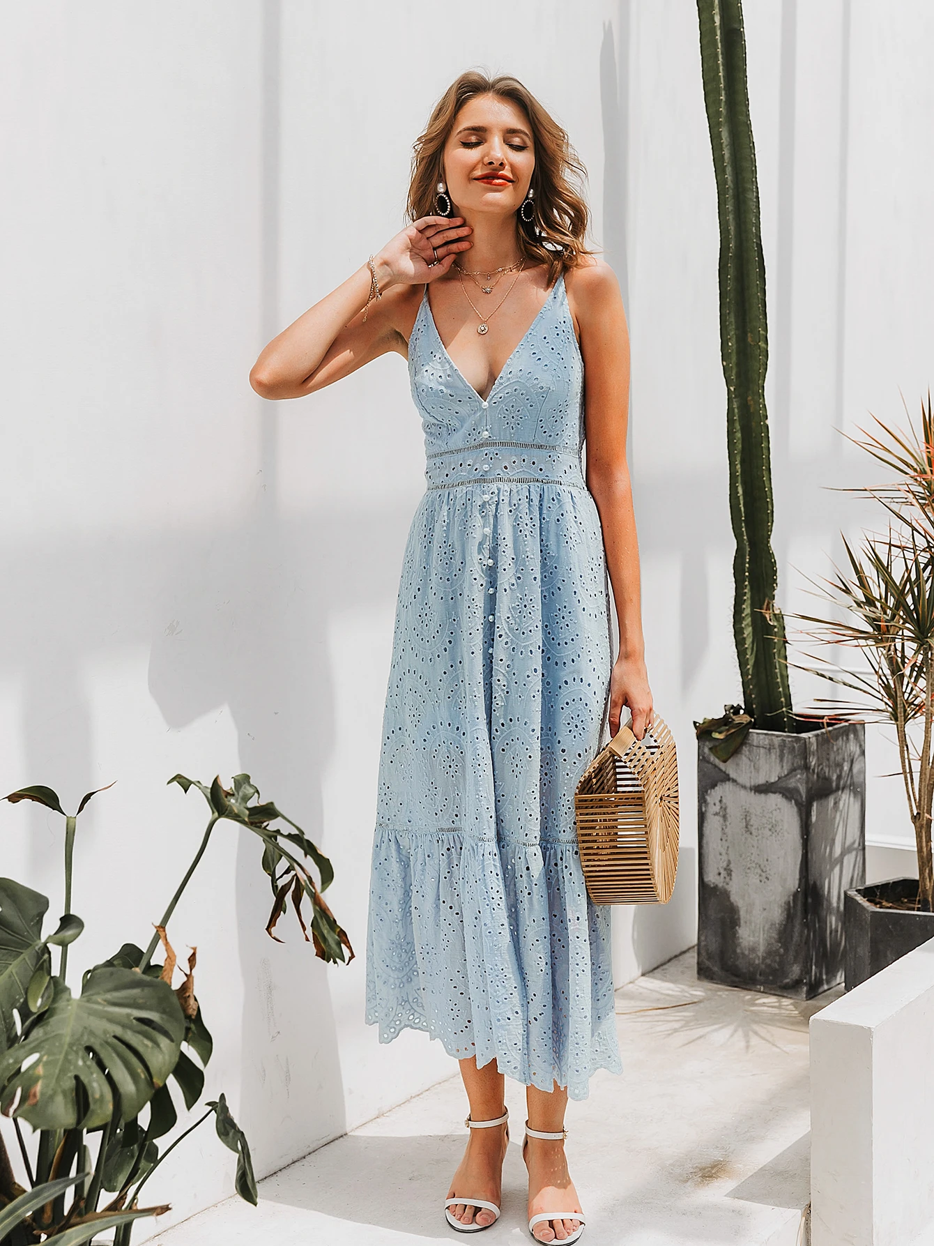 Simple elegant yellow V-neck women's dress  spaghetti strap female ruffle cotton dress Summer beach style ladies midi dresses