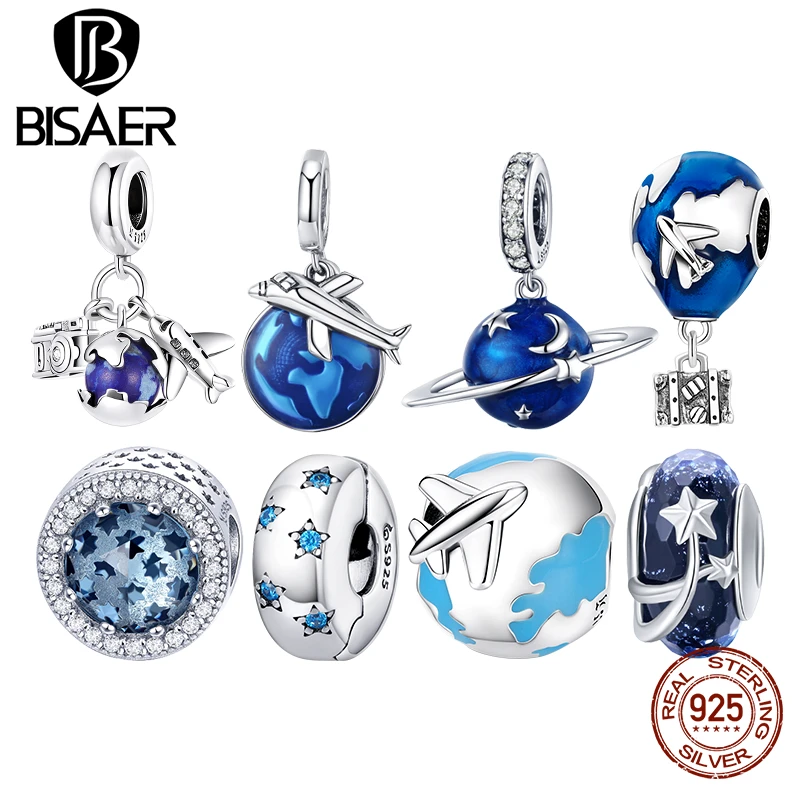 BISAER Real 925 Sterling Silver Travel World Charms Planet Star Moon Tassel Beads Fit Charms Bracelets Silver 925 Jewelry ECC183