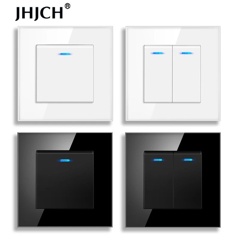 Jhjch Crystal Glass Panel 2 Gang 2 Way Pass Through On / Off Light Switch Stair Wall Switch Switched With LED Indicator 16A