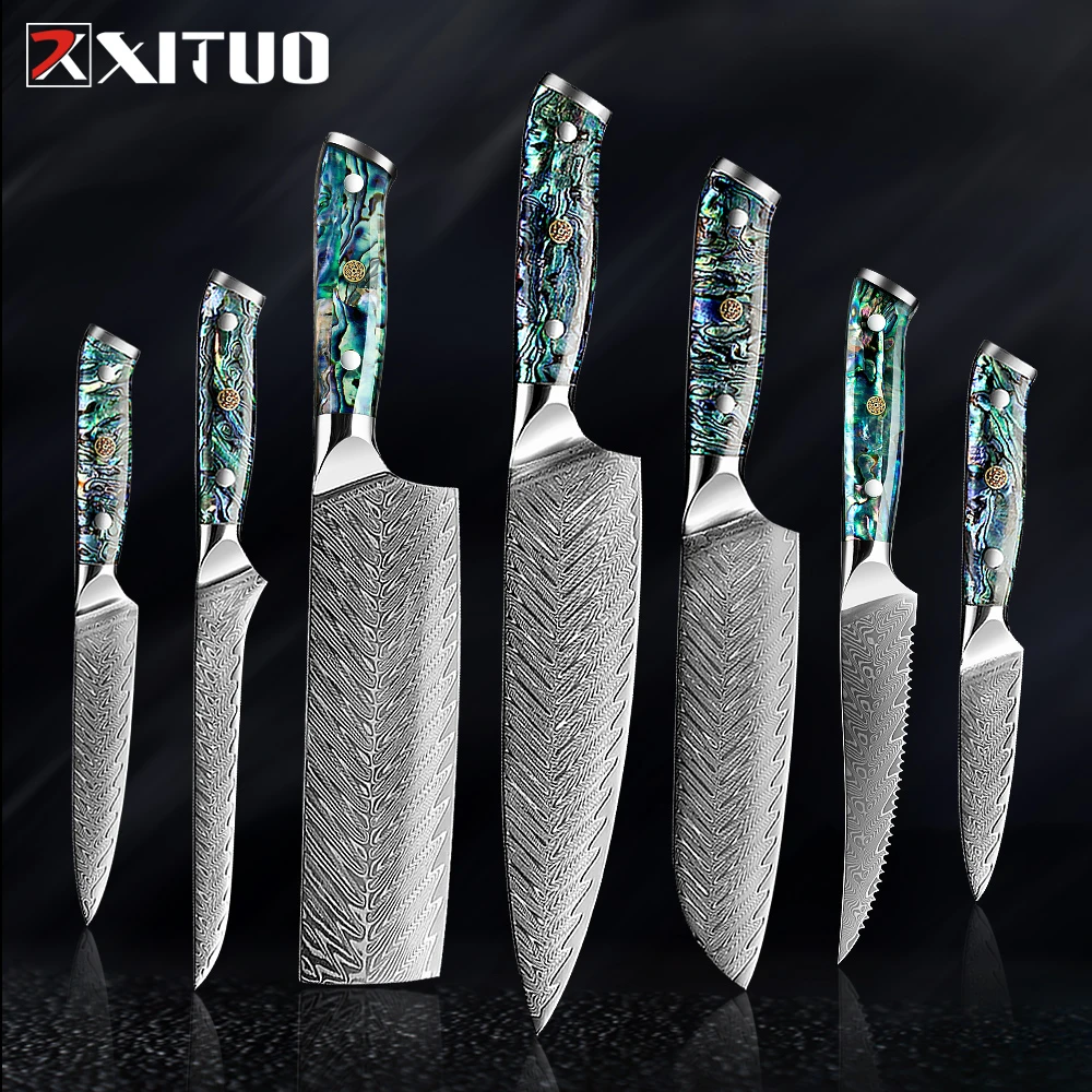 XITUO Damascus Steel knife Set 1-5 PCS Kitchen Tools Chef Knife Japanese Santoku Knives Boning knife Exquisite Shell Handle New