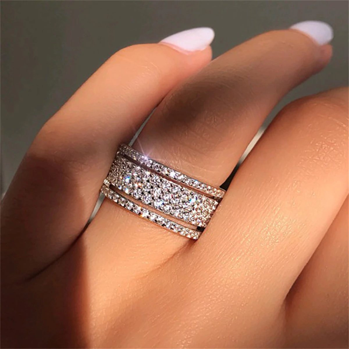 Elegant Silver Color Rhinestone Crystal Ring Wide Love Rings For Women Wedding Engagement Full Zircon Finger Rings Jewelry Gifts