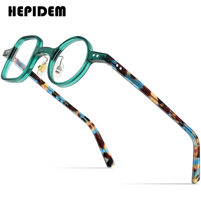 HEPIDEM Acetate Glasses Frame Men 2021 Retro Vintage Left Square Right Round Eyeglasses Myopia Optical Spectacles Eyewear 9155