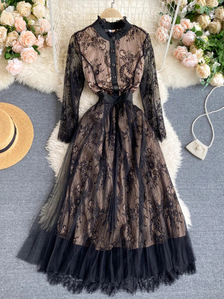 Fitaylor New Spring Autumn Vintage Lace O Neck Floral Print High Waist Mid Calf Women Dresses A Line Hollow Out Dress