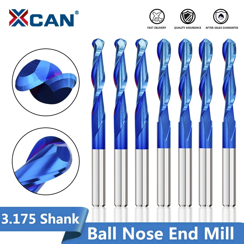 XCAN 10pcs 3.175mm Shank Blue Coated Spiral Ball Nose End Mill CNC Router Bit 0.8/1.0/1.5/2.0/2.5/3.175mm Carbide Milling Cutter