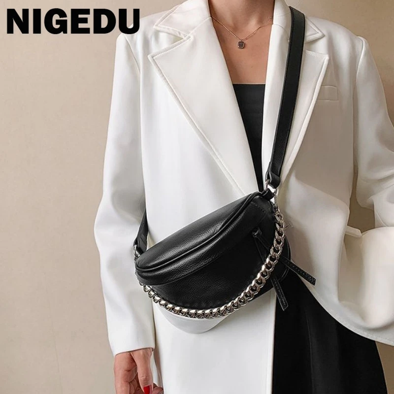 NIGEDU Wide strap Women crossbody bags High quality PU leather shoulder bag black designer Chain female Handbags bolsas feminina