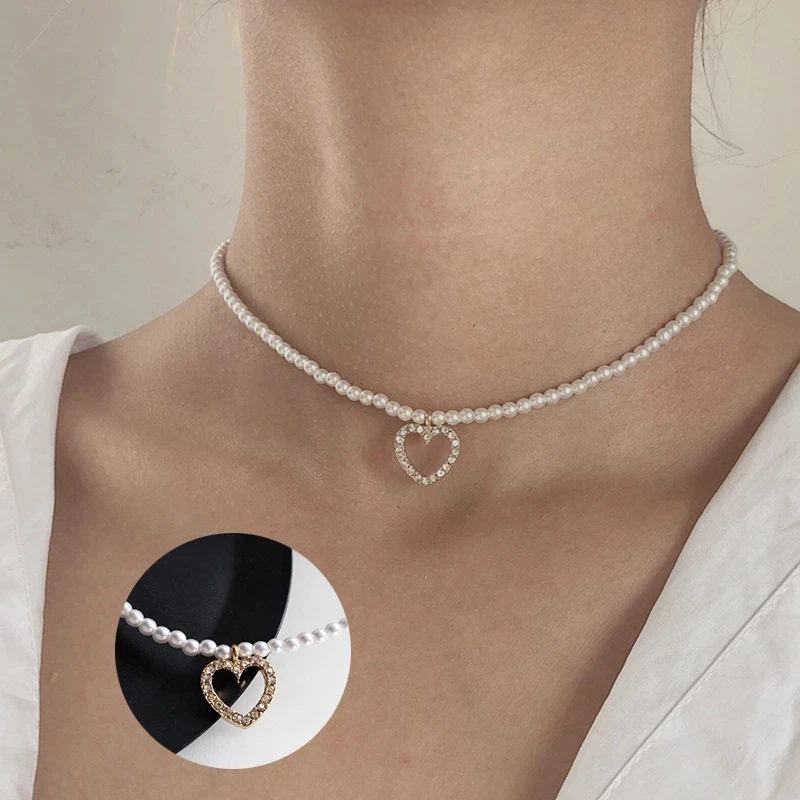 New Sweet Heart Pendant Necklace Women Jewelry Necklace Simple Design Small Simulated Pearls Bracelet with Delicate Jewelry Gift