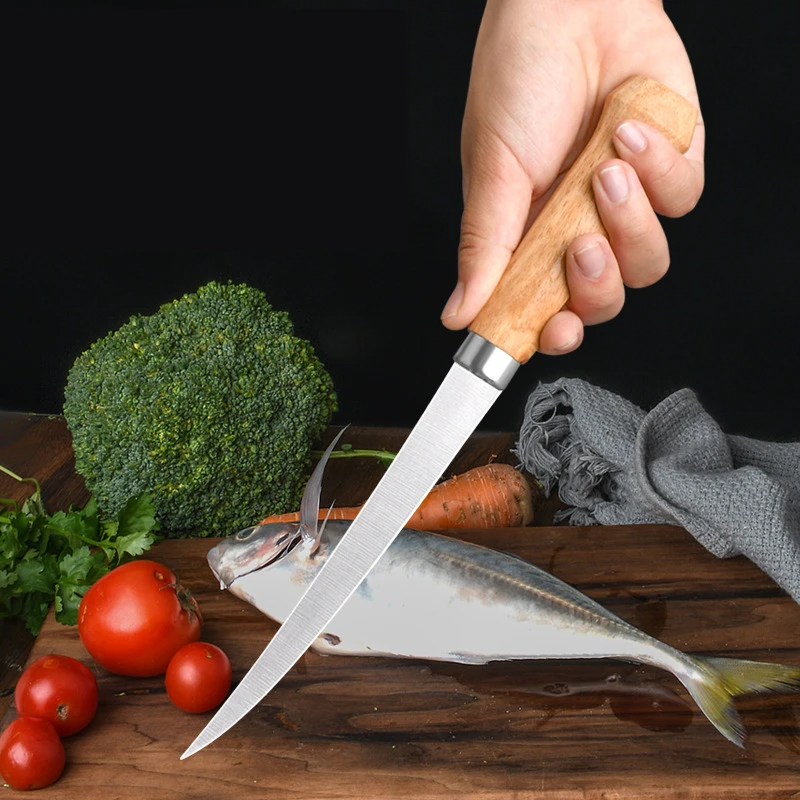 Stainless Steel Fishing Knife Kitchen Bone Meat Fish Sushi Knife Fruit Vegetables Cutting Tool with Knife Cover Sharpener