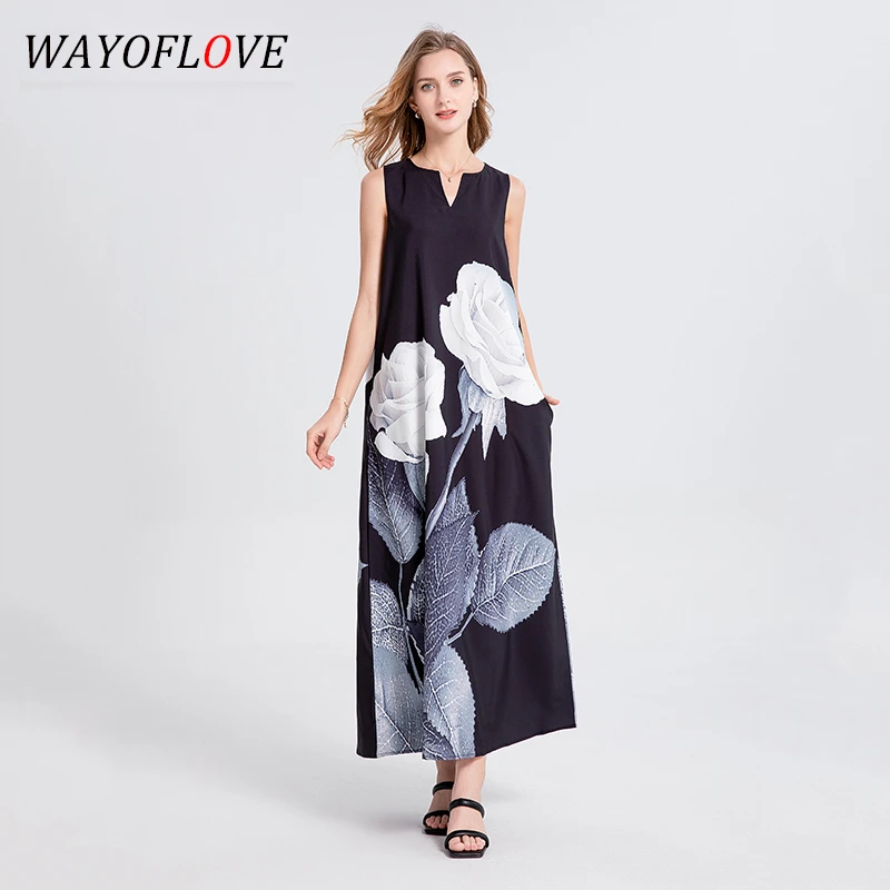 WAYOFLOVE Sleeveless Black Dress 2021 Casual Elegant Breathable Long Dresses Summer Beach Woman V Neck Rose Print Women's Dress