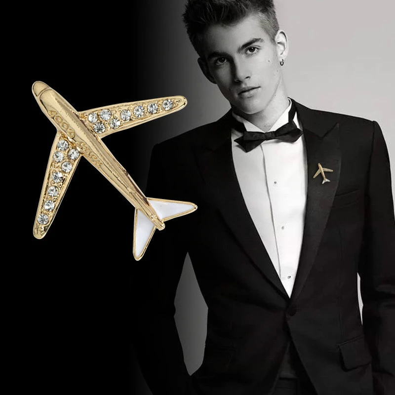 Korean High-grade Crystal Airplane Brooch Pin Rhinestone Aircraft Lapel Pins and Brooches Men;s Suit Collar Needle Accessories