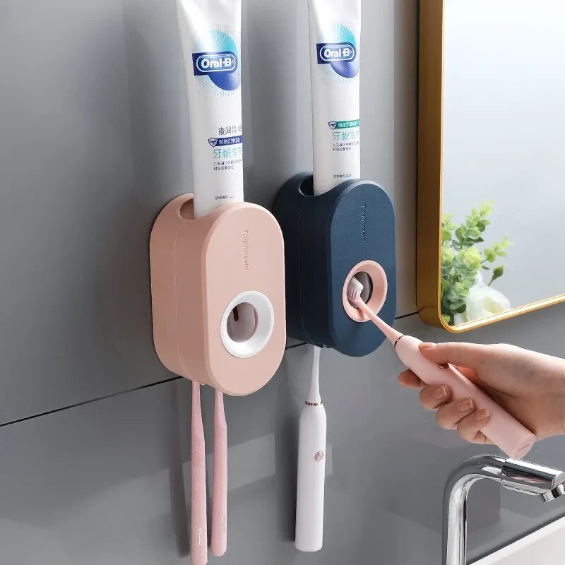 Adhesive Automatic Toothpaste Squeezer Set, Wall-mounted Toothpaste Holder, Toothbrush Rack, Wall Suction Toothpaste Squeezer