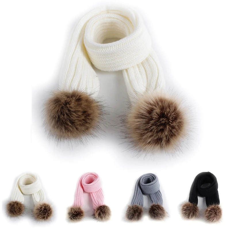 New Kids Scarf Pompom Winter Warm Children Toddler Scarves Outdoor Solid Color Knitted Baby Girl Boy Scarf