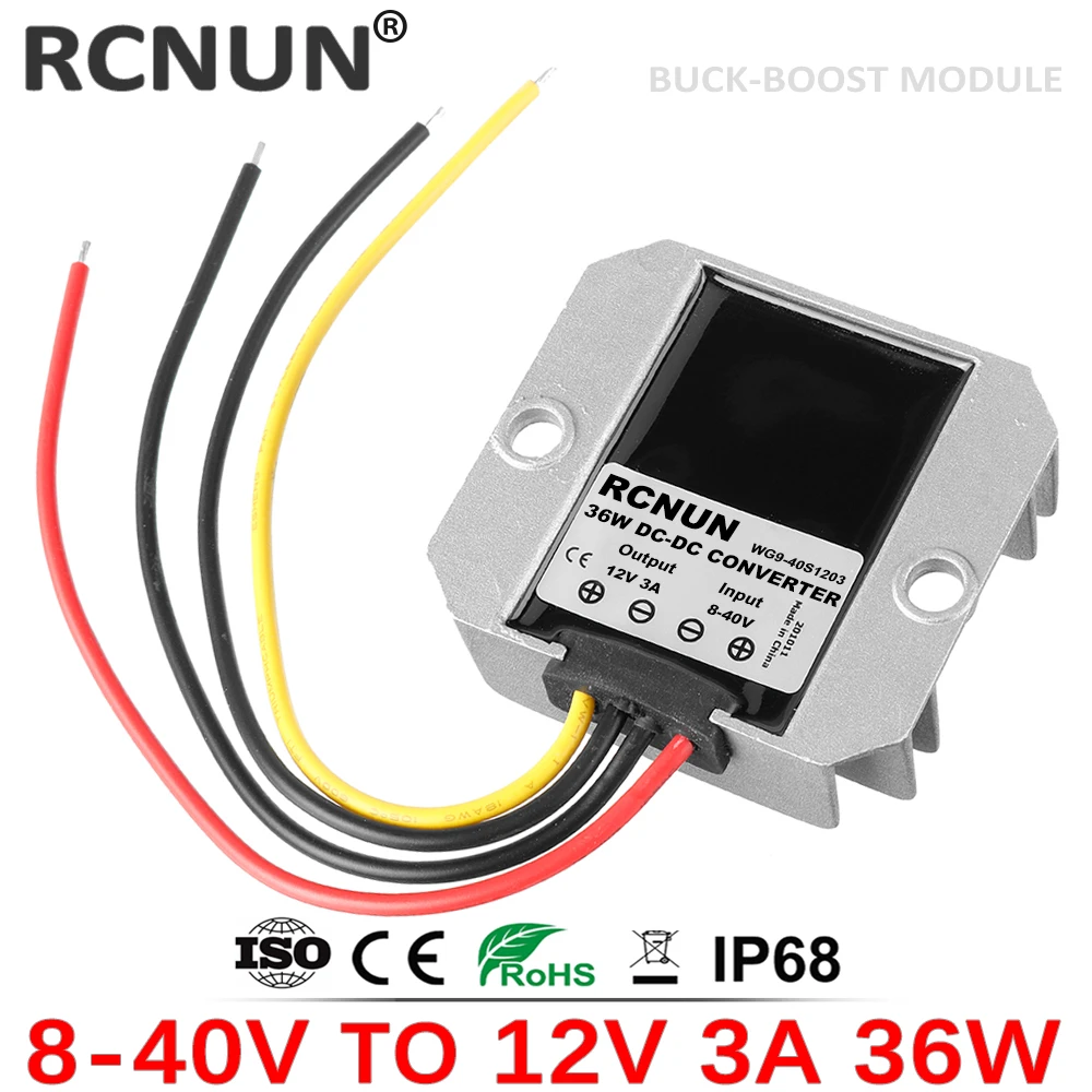 RCNUN Boost Buck Module 8-40V to 12V 1A 3A 6A Step Down / Up Voltage Stabilizer Regulator 36W DC-DC Converter for Car Solar