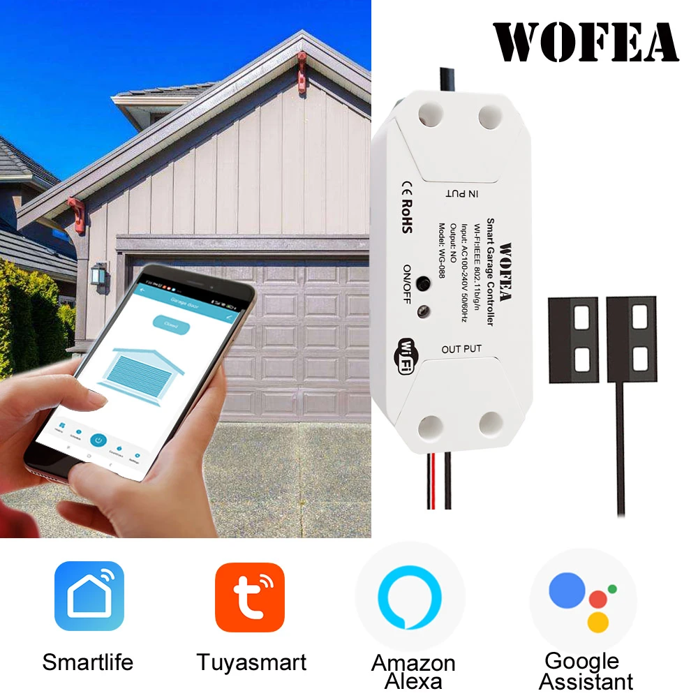 Wofea Tuya Smart WIFI 2.4G Garage Door Opener Controller Open & Close by Phone APP No Need Hub Compatible Alexa & Google Home
