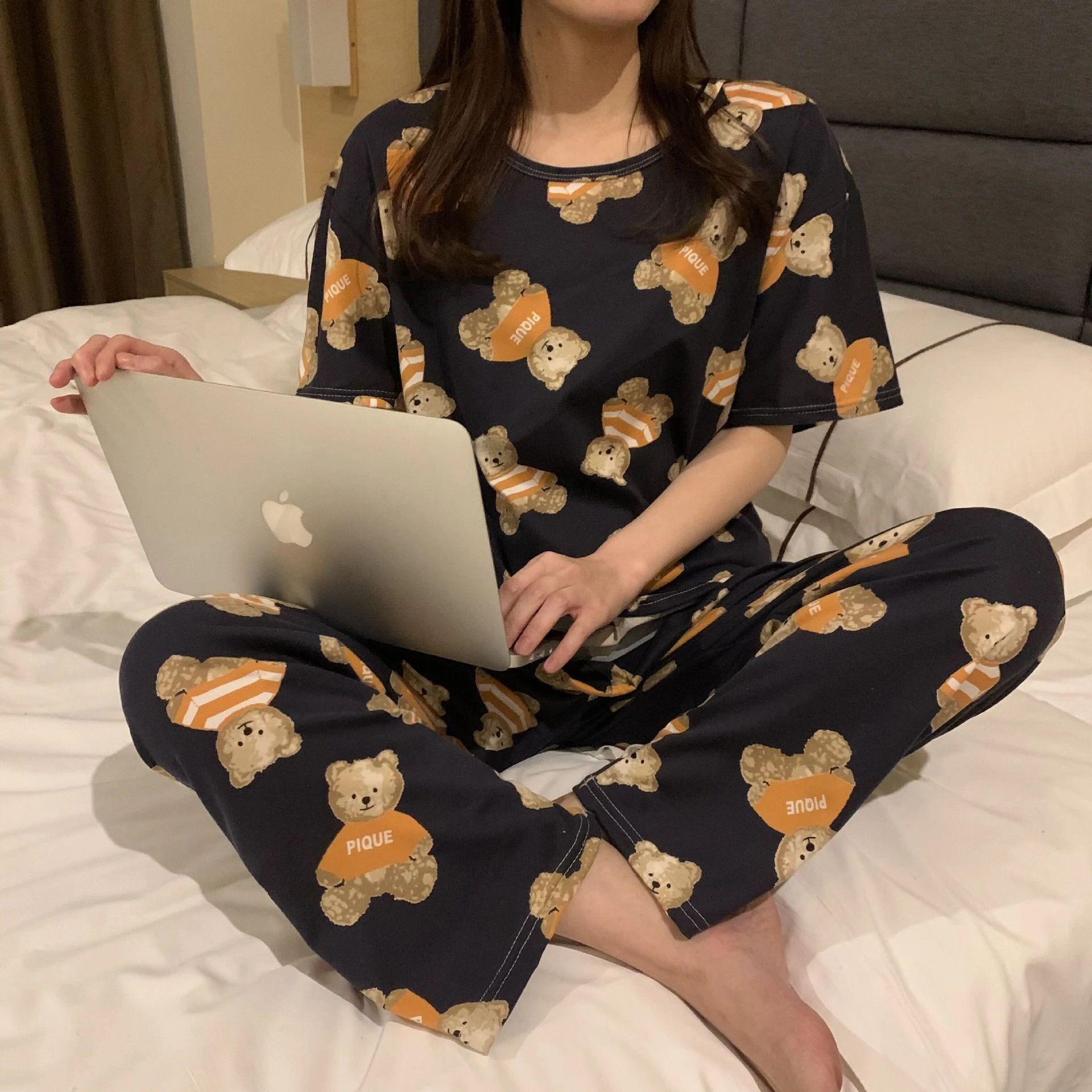 Cute Sleepwear Women's Pajama Sets Women Cartoon Print Short Sleeve Round Neck Tee and Pants Pajama Set pj set Pyjamas For Women
