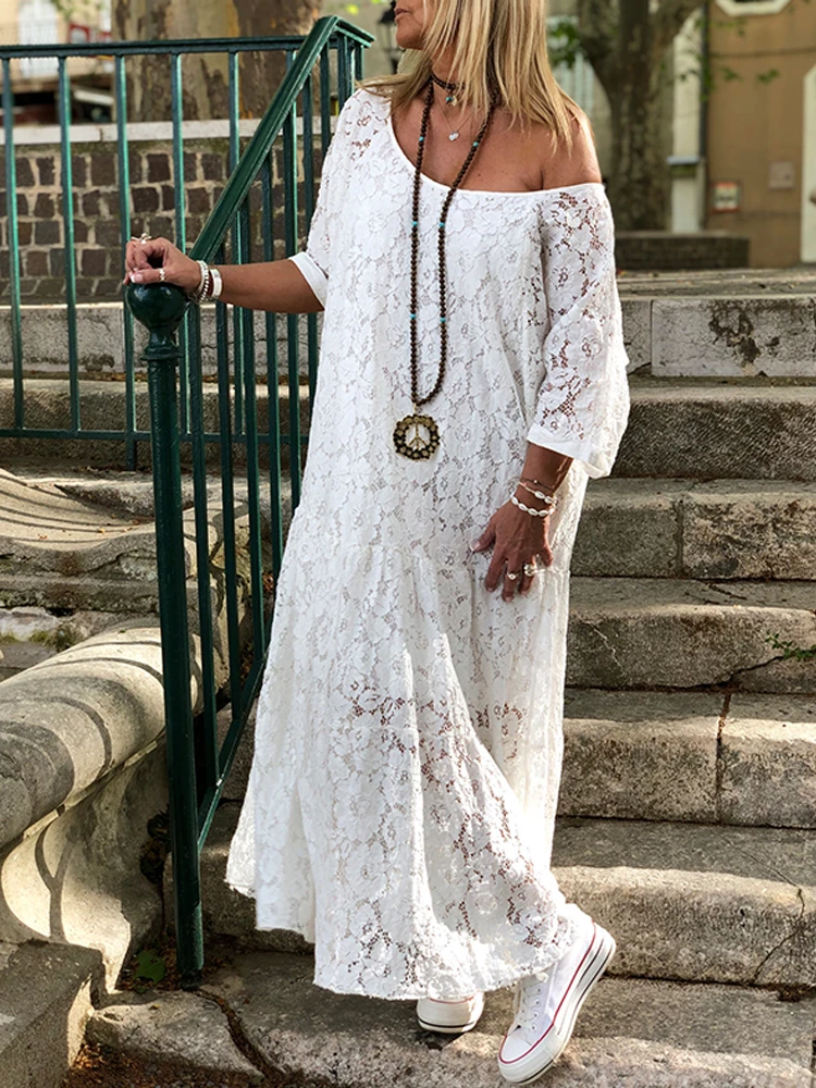 ZANZEA 2021 Women Lace Crochet Maxi Long Dress Summer O Neck 3/4 Sleeve Party Vestidos Robe Femme Bohemian Sundress Casual Dress