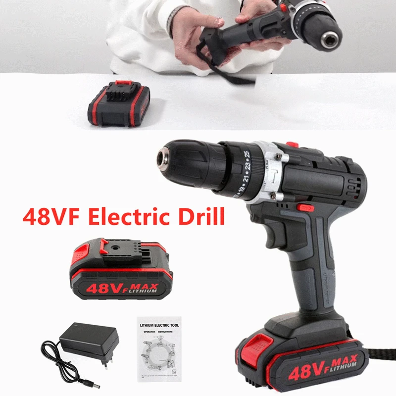 48VF Wireless Electric Drill Impact Drill Wrench Screwdriver Double Speed Power Hand Driver Drill Hammer Drill with Battery Tool