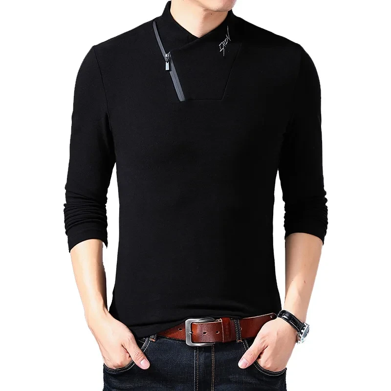BROWON Brand 2021 New Style Cotton Men's T-shirt Long Sleeve T Shirt Men Solid Color Zipper Print Collar Oversized T Shirt